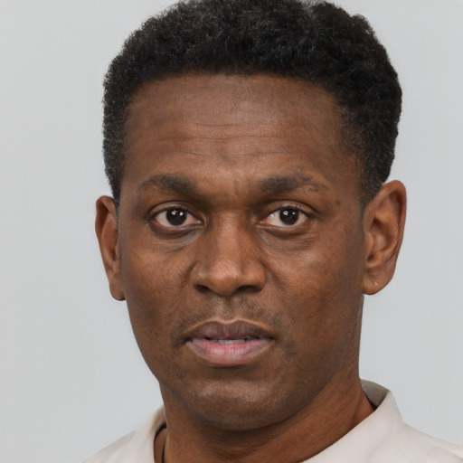 Neutral black adult male with short  black hair and brown eyes