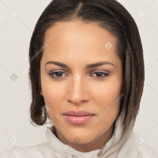 Joyful latino young-adult female with long  brown hair and brown eyes