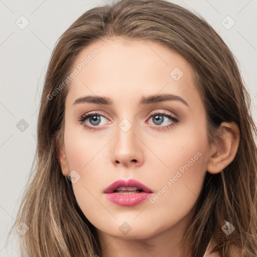 Neutral white young-adult female with long  brown hair and grey eyes