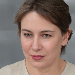 Joyful white adult female with medium  brown hair and grey eyes