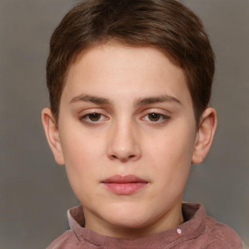 Neutral white young-adult female with short  brown hair and brown eyes