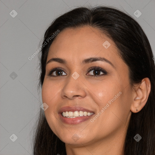 Joyful white young-adult female with long  brown hair and brown eyes