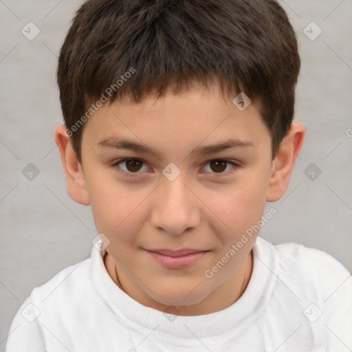 Joyful white child male with short  brown hair and brown eyes