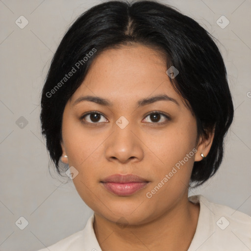 Joyful asian young-adult female with medium  black hair and brown eyes