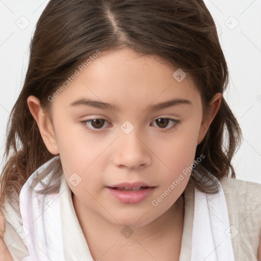 Joyful white child female with medium  brown hair and brown eyes