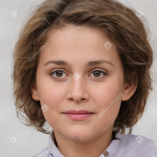 Joyful white child female with medium  brown hair and brown eyes