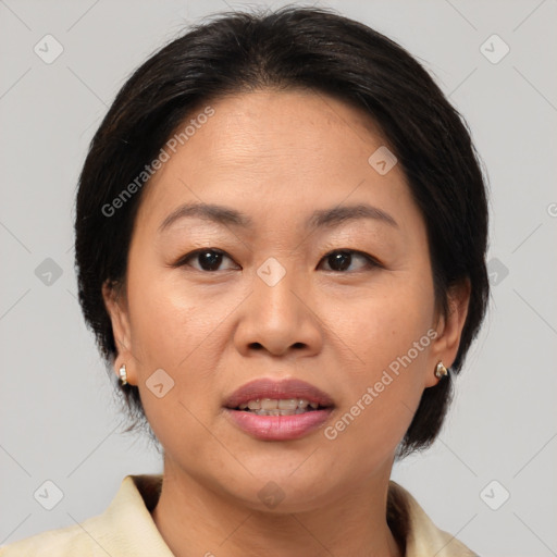 Joyful white adult female with medium  brown hair and brown eyes