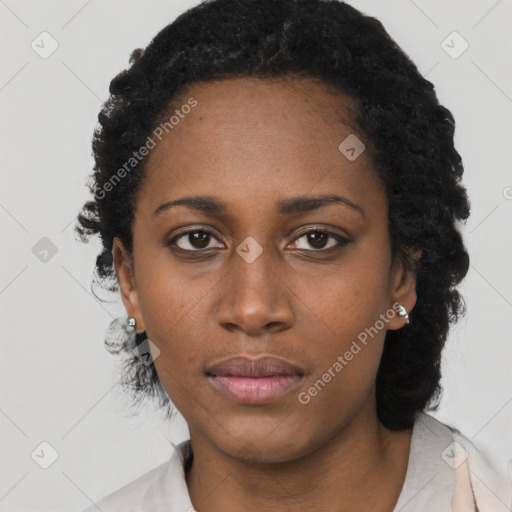 Neutral black young-adult female with short  black hair and brown eyes