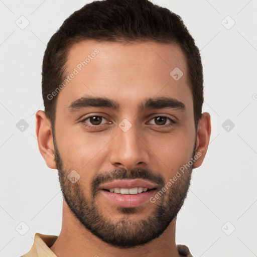 Joyful white young-adult male with short  brown hair and brown eyes