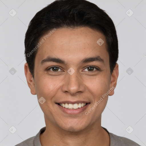 Joyful white young-adult male with short  black hair and brown eyes