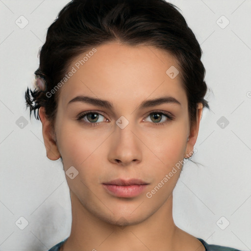 Neutral white young-adult female with medium  brown hair and brown eyes