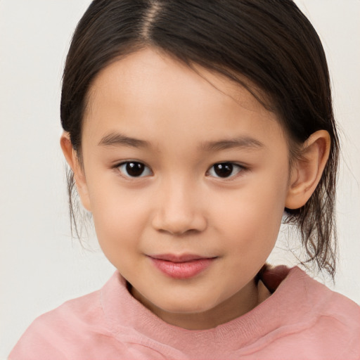 Joyful white child female with medium  brown hair and brown eyes