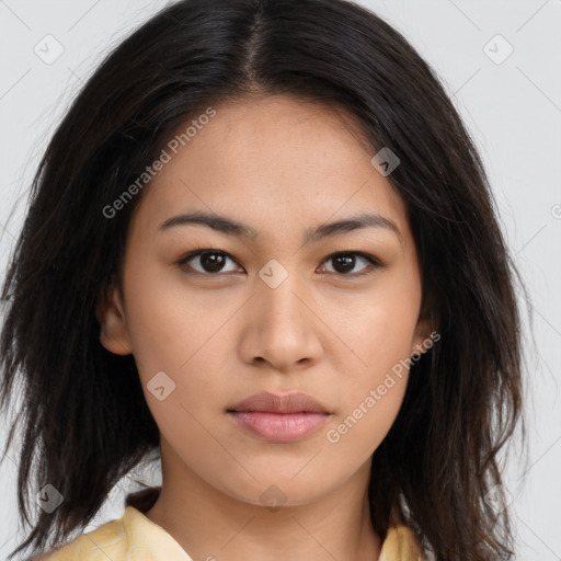 Neutral latino young-adult female with long  brown hair and brown eyes