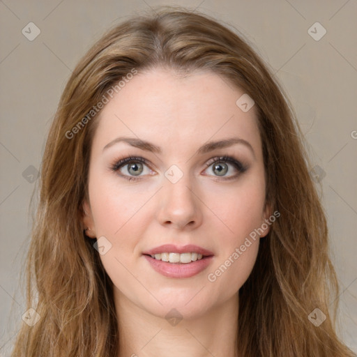 Joyful white young-adult female with long  brown hair and green eyes