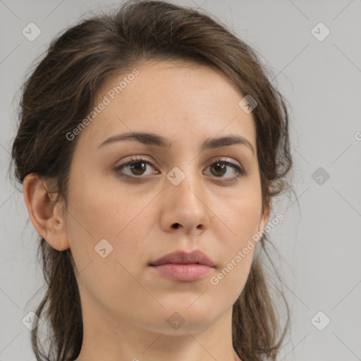 Neutral white young-adult female with medium  brown hair and brown eyes