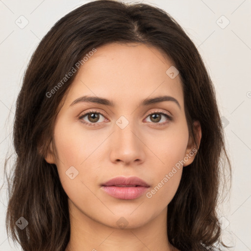 Neutral white young-adult female with medium  brown hair and brown eyes