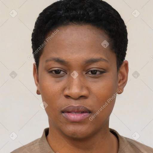 Neutral black young-adult female with short  black hair and brown eyes