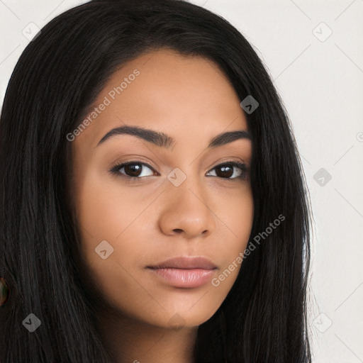 Neutral latino young-adult female with long  brown hair and brown eyes