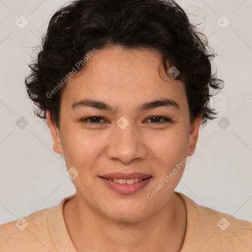 Joyful asian young-adult female with short  brown hair and brown eyes