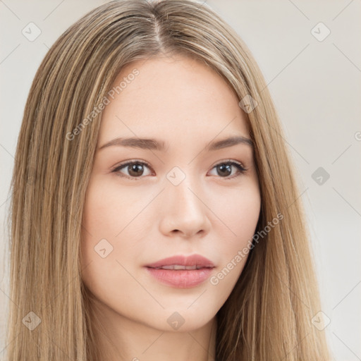 Neutral white young-adult female with long  brown hair and brown eyes