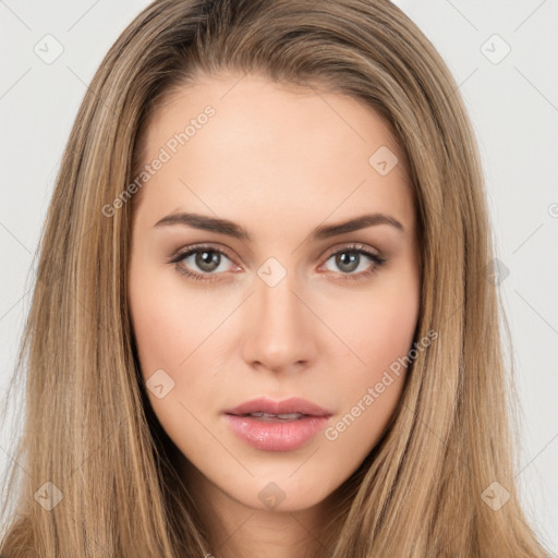 Neutral white young-adult female with long  brown hair and brown eyes