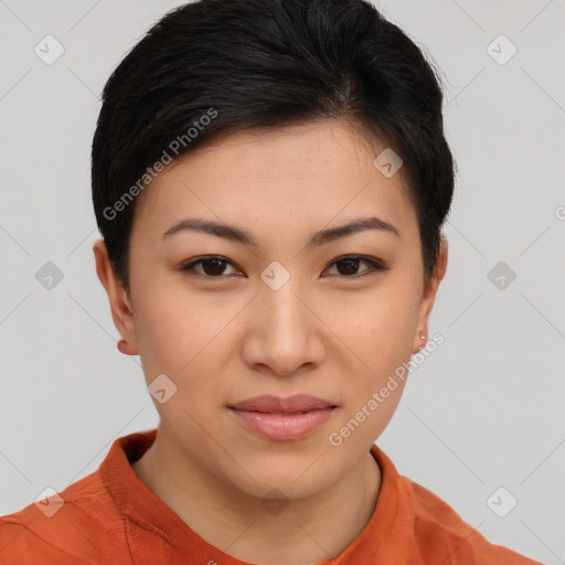 Joyful asian young-adult female with short  brown hair and brown eyes