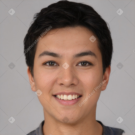 Joyful asian young-adult female with short  brown hair and brown eyes