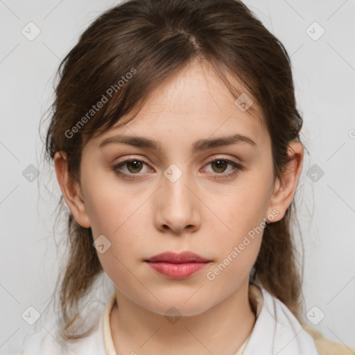 Neutral white young-adult female with medium  brown hair and brown eyes