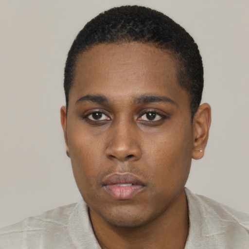 Neutral black young-adult male with short  black hair and brown eyes