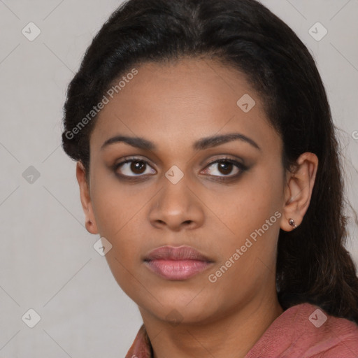 Neutral latino young-adult female with long  black hair and brown eyes