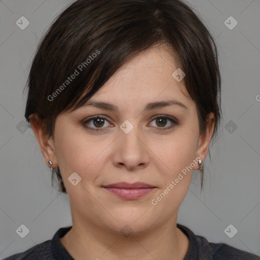 Joyful white young-adult female with medium  brown hair and brown eyes