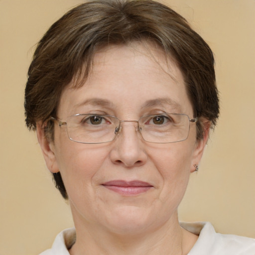 Joyful white middle-aged female with short  brown hair and brown eyes