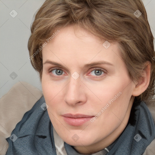 Neutral white young-adult female with medium  brown hair and blue eyes