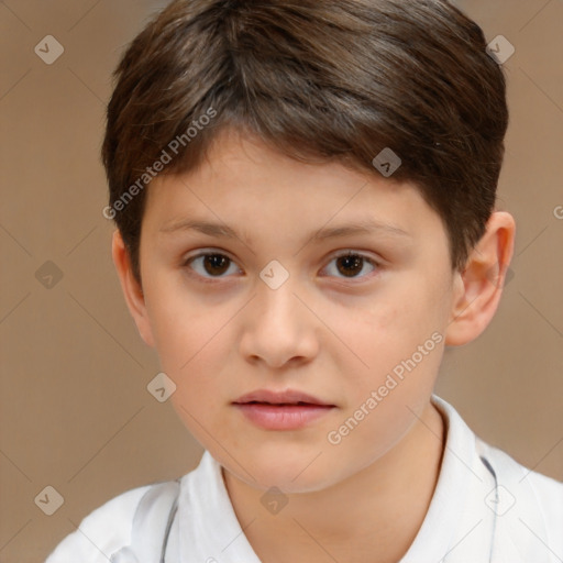 Joyful white child female with short  brown hair and brown eyes