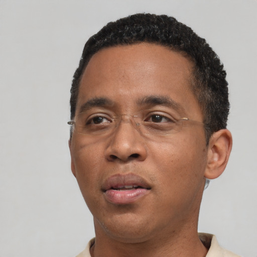 Neutral black adult male with short  black hair and brown eyes