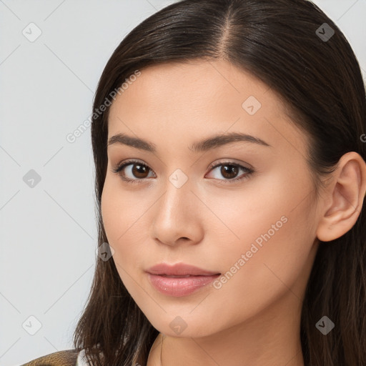 Neutral white young-adult female with long  brown hair and brown eyes