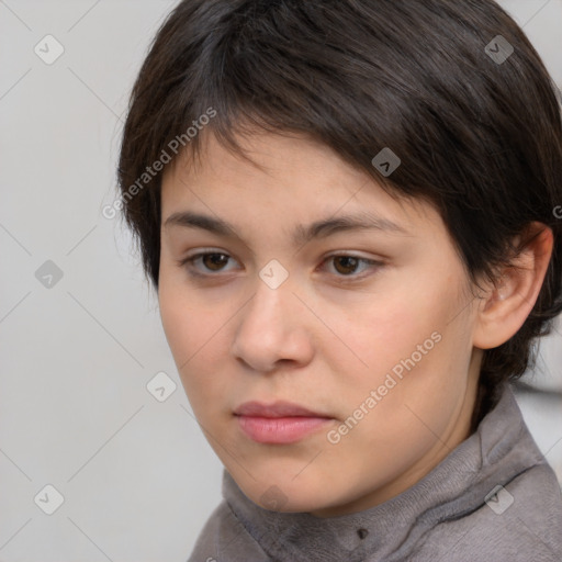 Neutral white young-adult female with short  brown hair and brown eyes