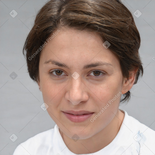 Joyful white young-adult female with medium  brown hair and brown eyes