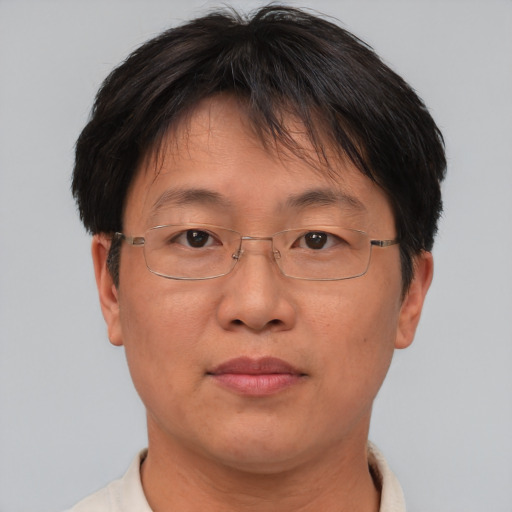 Joyful asian adult female with short  brown hair and brown eyes