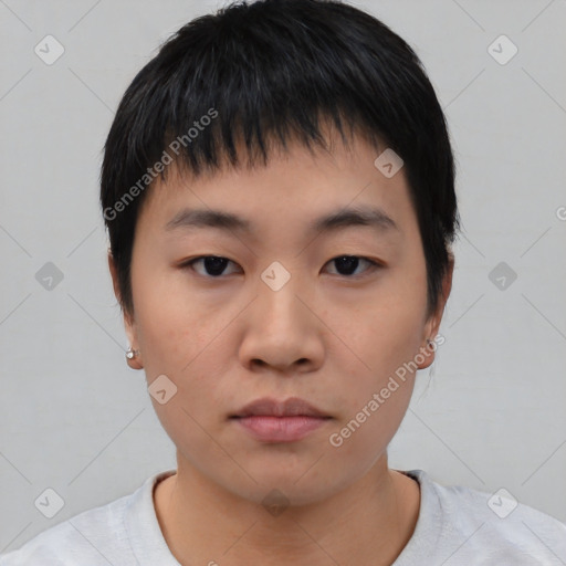 Neutral asian young-adult male with short  black hair and brown eyes