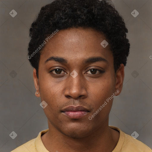 Neutral black young-adult male with short  black hair and brown eyes