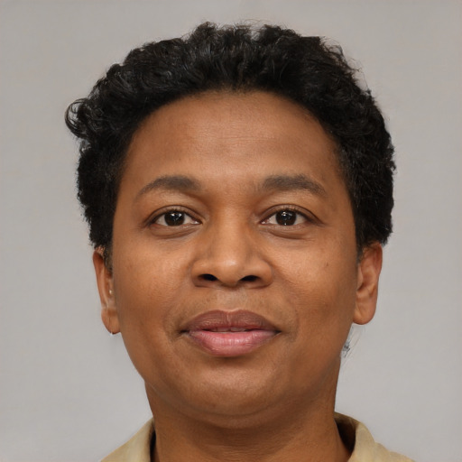 Joyful black adult male with short  brown hair and brown eyes