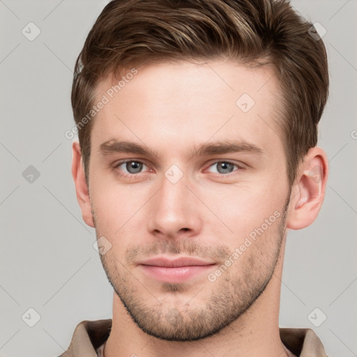 Neutral white young-adult male with short  brown hair and grey eyes