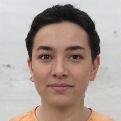 Neutral asian young-adult female with short  brown hair and brown eyes