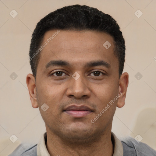 Neutral latino young-adult male with short  black hair and brown eyes
