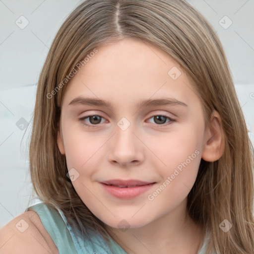 Joyful white child female with medium  brown hair and brown eyes