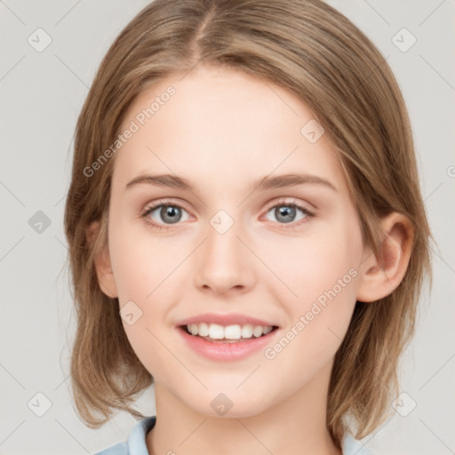 Joyful white young-adult female with medium  brown hair and green eyes