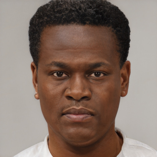 Joyful black young-adult male with short  brown hair and brown eyes