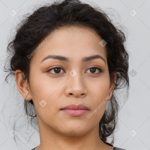 Neutral latino young-adult female with long  brown hair and brown eyes