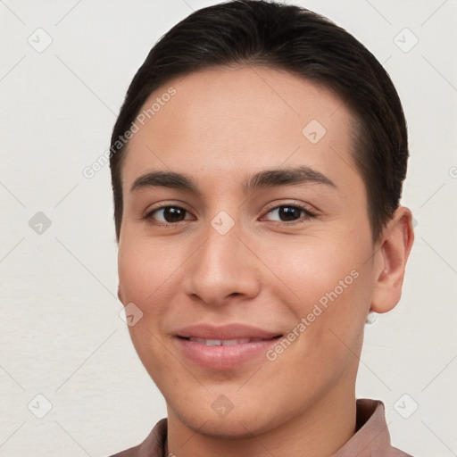 Joyful white young-adult female with short  brown hair and brown eyes